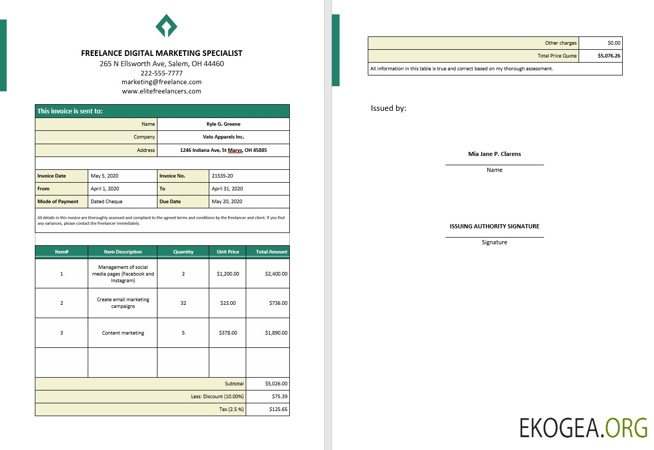Modèle de facture de service indépendant
